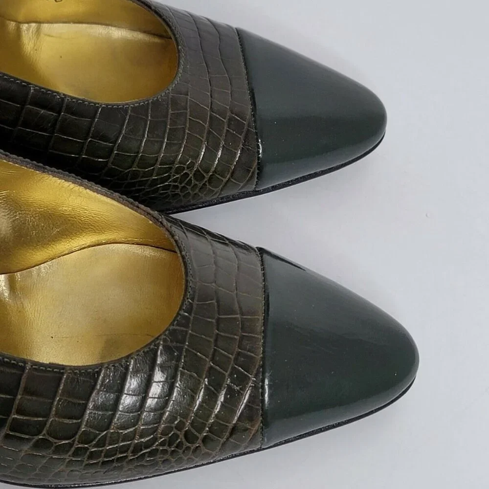 BRUNO MAGLI Womens 7 Green Lizard Print Heels Cuir Leather Pump Shoes Italy Made